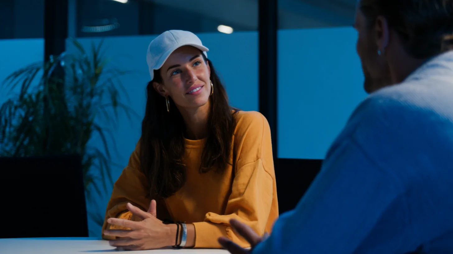 Donna sorridente che parla con un interlocutore durante un incontro di prospezione commerciale