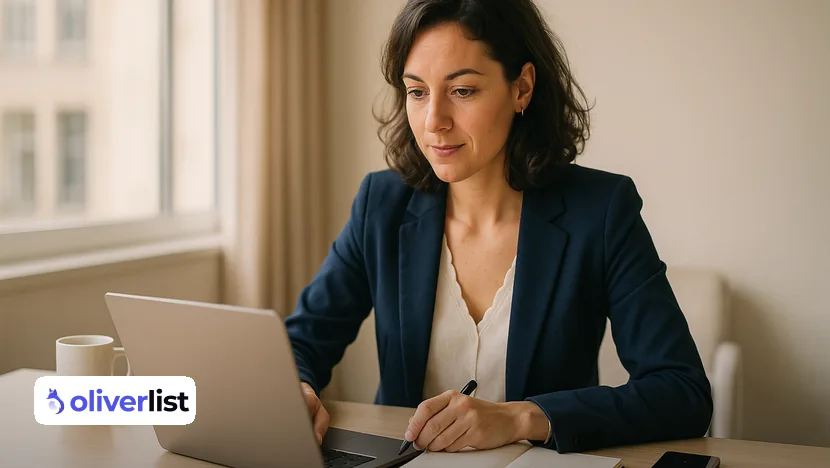 Commerciale prenant des notes devant son ordinateur pendant une session de prospection LinkedIn