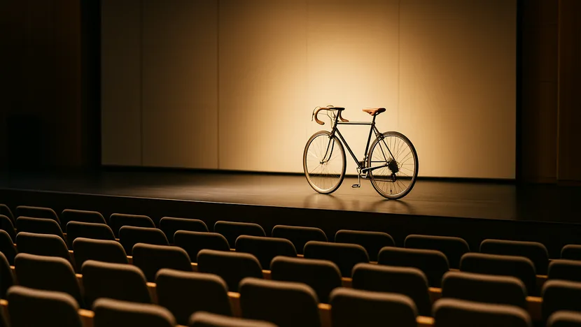 Escenario de conferencia con una bicicleta, caso de cliente de prospección B2B de Oliverlist para el conferenciante Clément Leroy