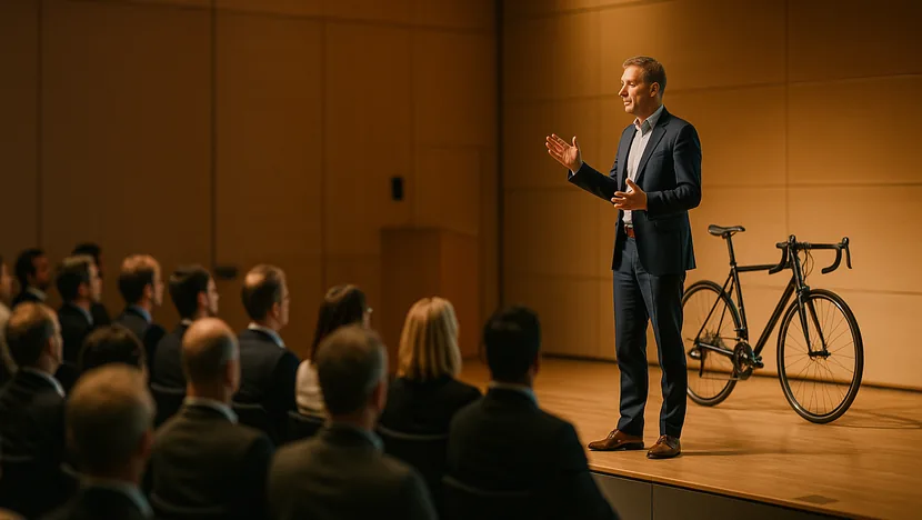 Conference stage with a bicycle, Oliverlist B2B prospecting case study for speaker Clément Leroy