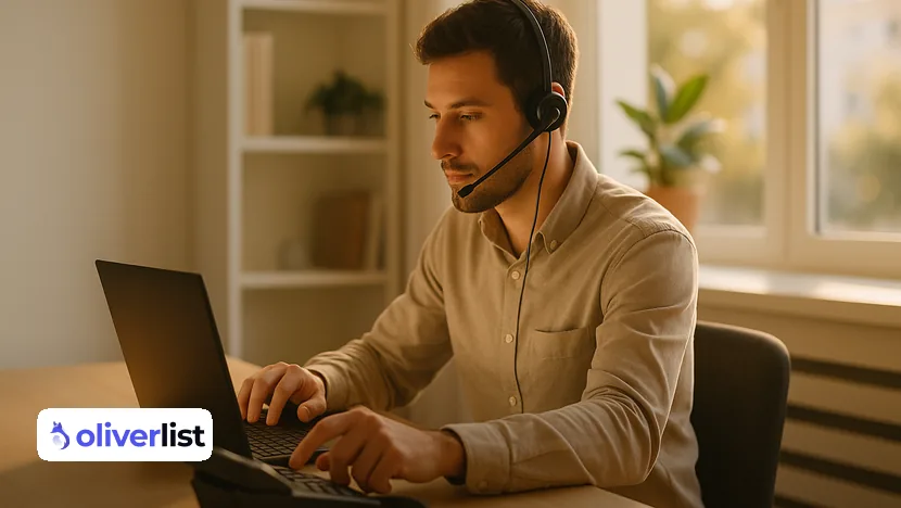 Commercial en relance téléphonique rappelant un prospect depuis son bureau avec un casque