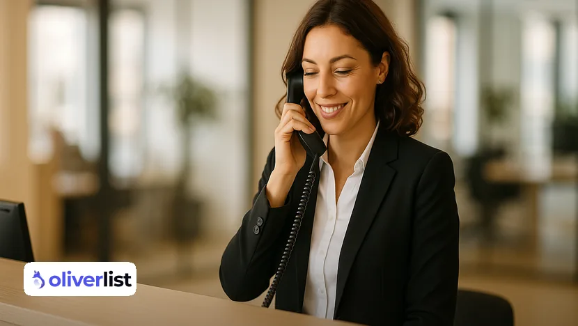 Assistante de direction filtrant un appel de prospection téléphonique à l'accueil d'une entreprise