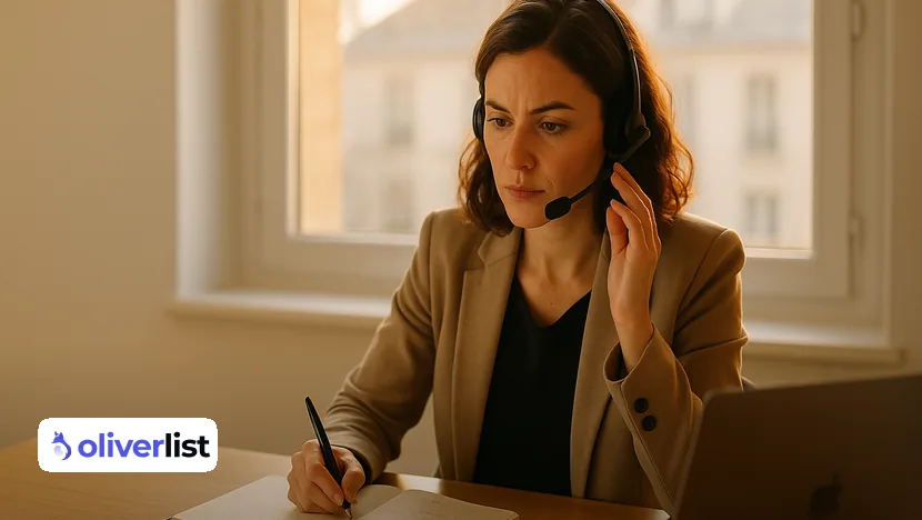 Commerciale appelant un prospect en début de matinée au bureau, agenda de prospection ouvert