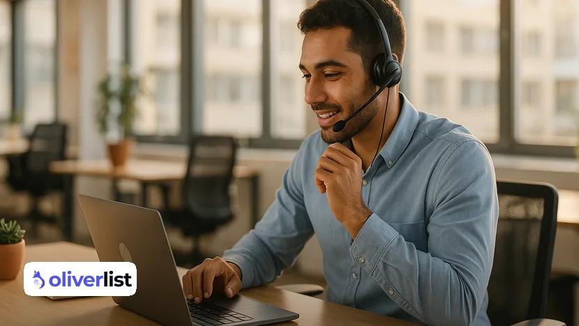 Commercial au casque mesurant son taux de conversion en prospection téléphonique sur son ordinateur
