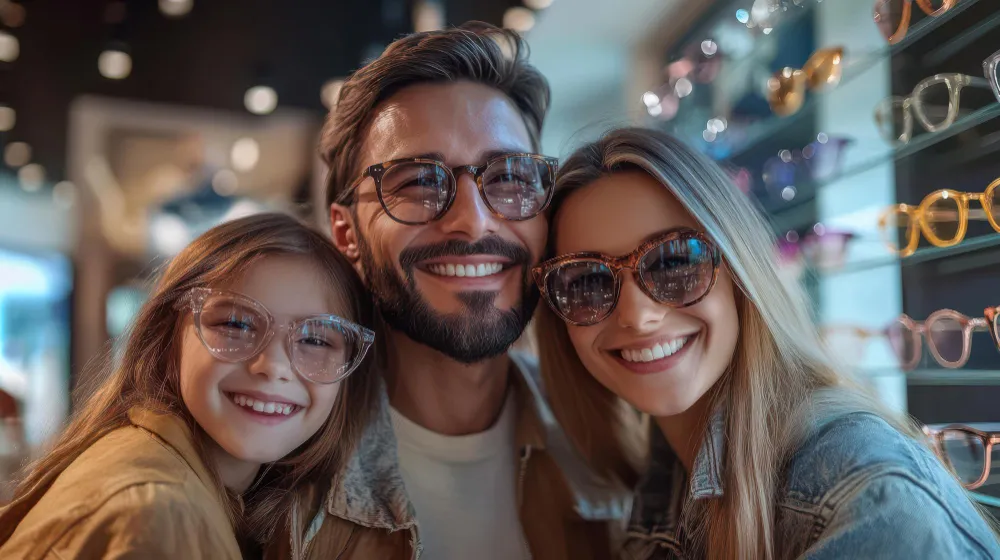 Happy family trying on glasses together in an eyewear store