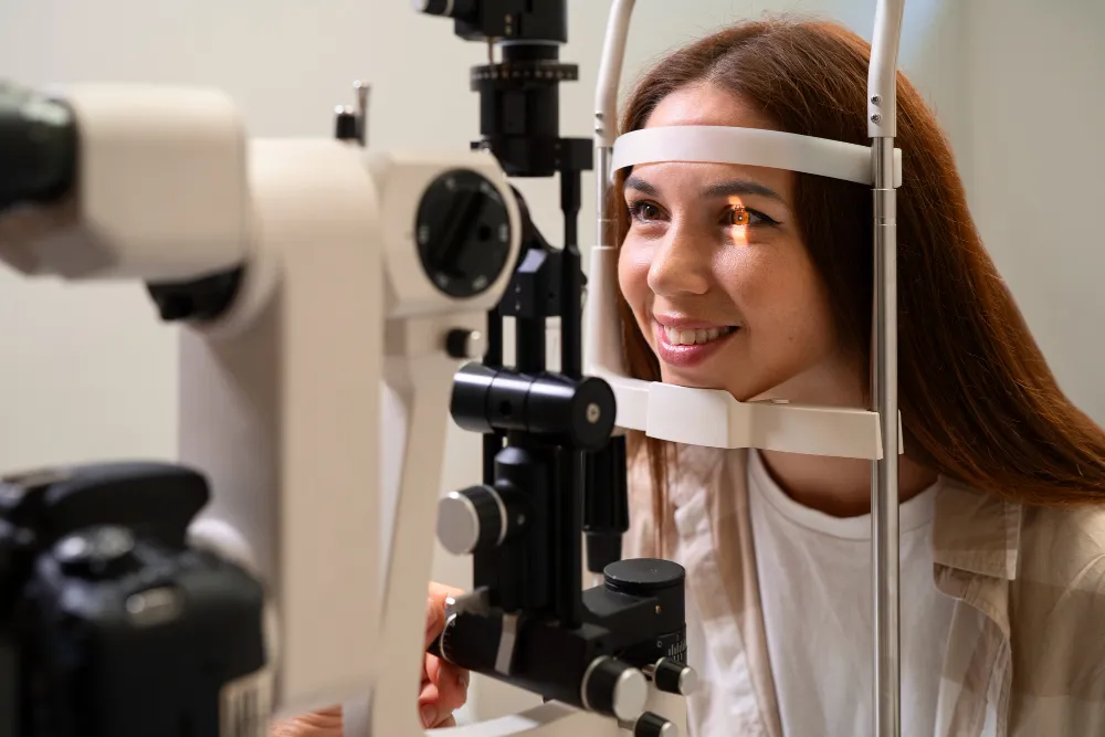 Smiling patient during eye examination with professional ophthalmology equipment