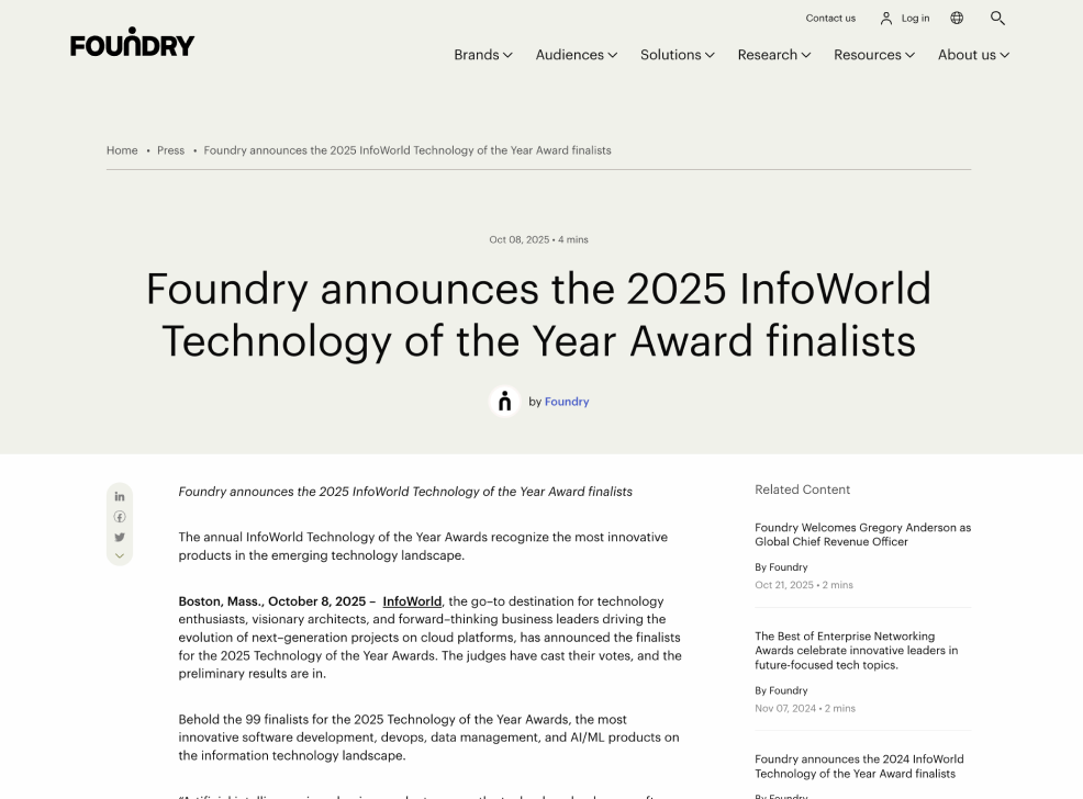 Foundry announces the 2025 InfoWorld Technology of the Year Award finalists