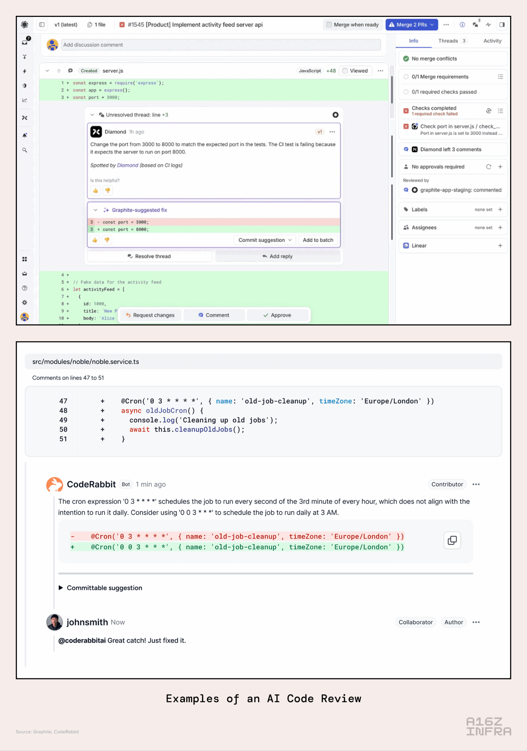 An image showing examples of an AI code review