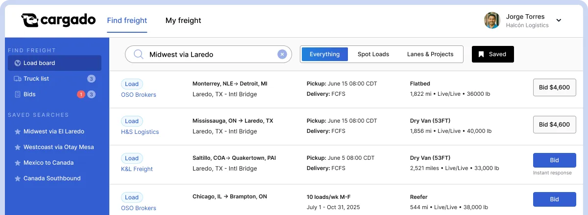 Cargado freight load board showing loads from Laredo with bids and details like pickup, delivery, and truck type.