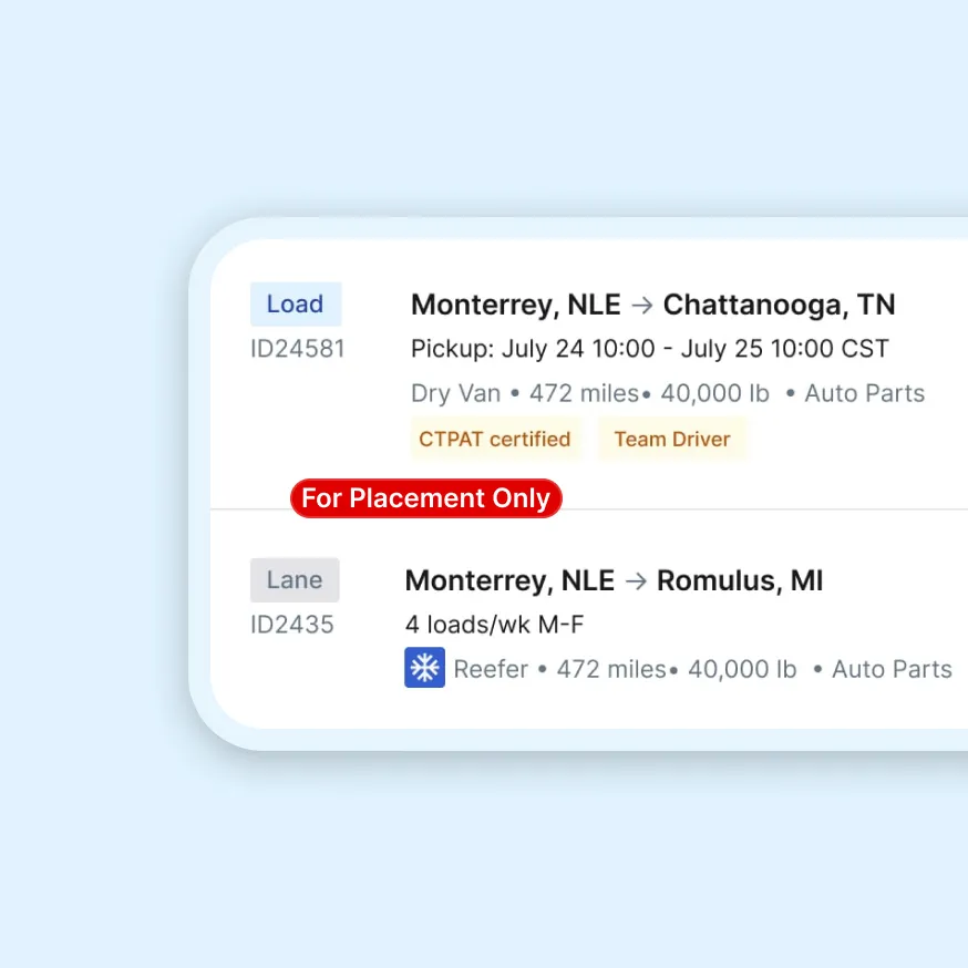 Shipment info: Load from Monterrey, NLE to Chattanooga, TN and lane from Monterrey, NLE to Romulus, MI.