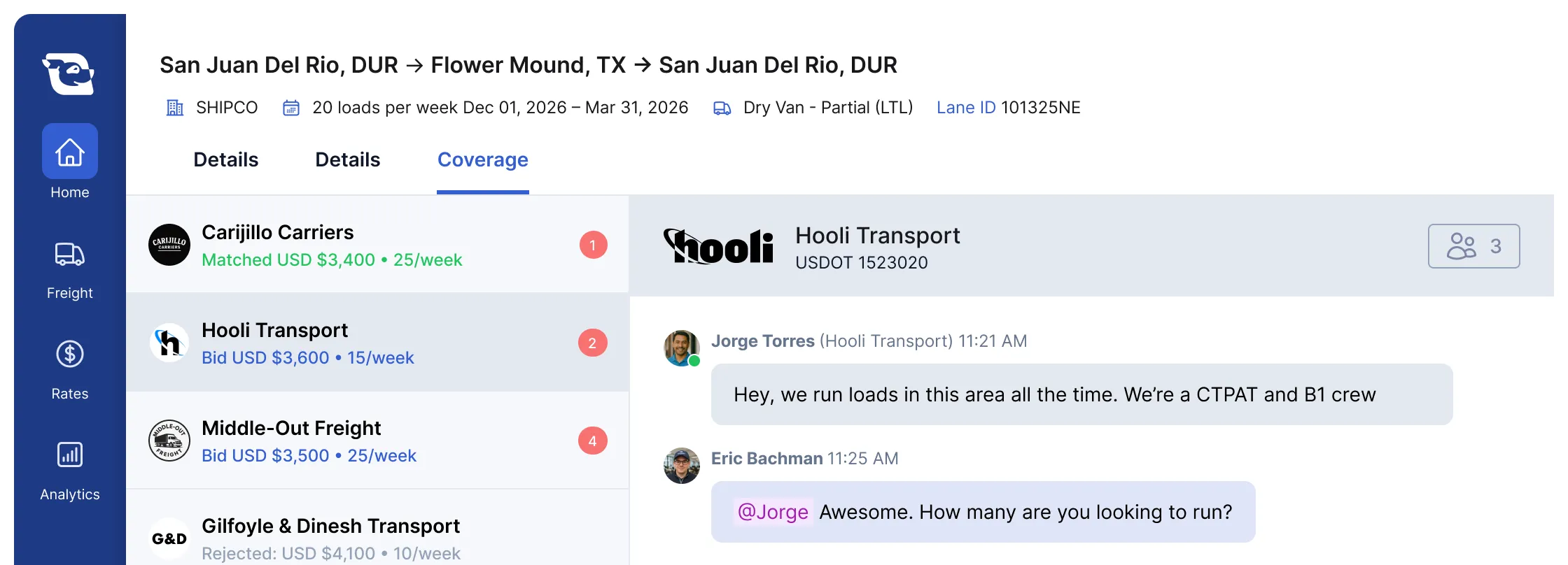 Transport app interface showing freight lanes, bids, matches, and a chat between carriers and brokers.