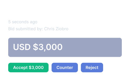 Notification indiquant que DaDa Movement a envoyé une contre-offre de 3 000 $ par Chris, avec des boutons Accepter, Contre-offrir, Refuser.