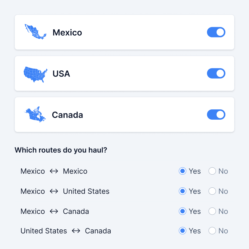 Interface with maps for Mexico, USA, Canada toggled on and radio buttons for hauling routes all selected Yes.