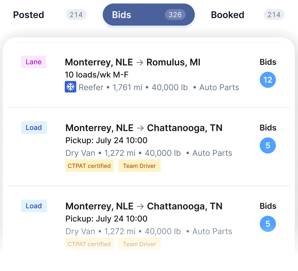 Transportation bids list showing routes from Monterrey, NLE to Romulus, MI and Chattanooga, TN with load details.