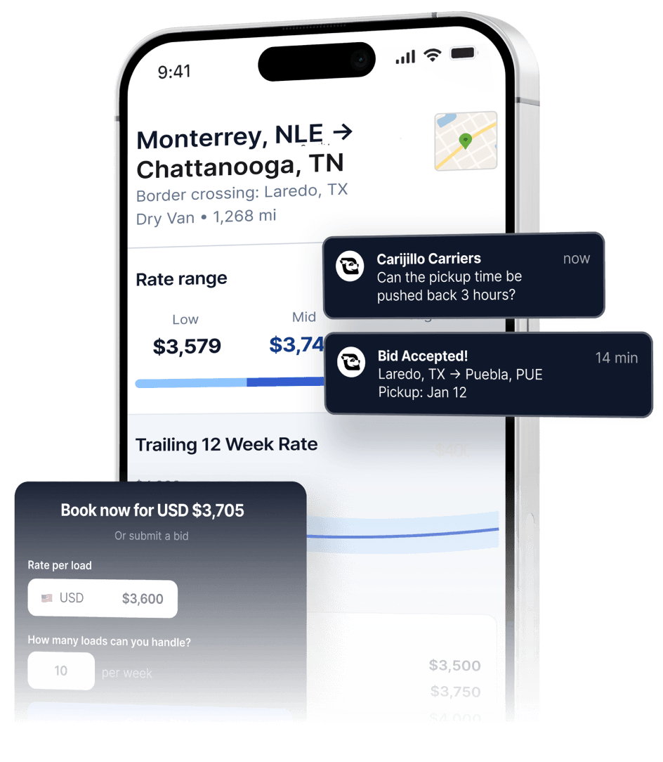 Smartphone screen showing shipping rates, notifications, and booking interface for freight loads.