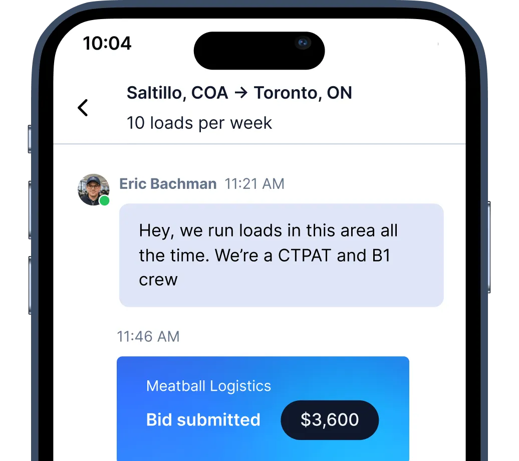 Phone screen showing a shipment chat from Saltillo to Toronto with bid submitted for $3,600 by Meatball Logistics.