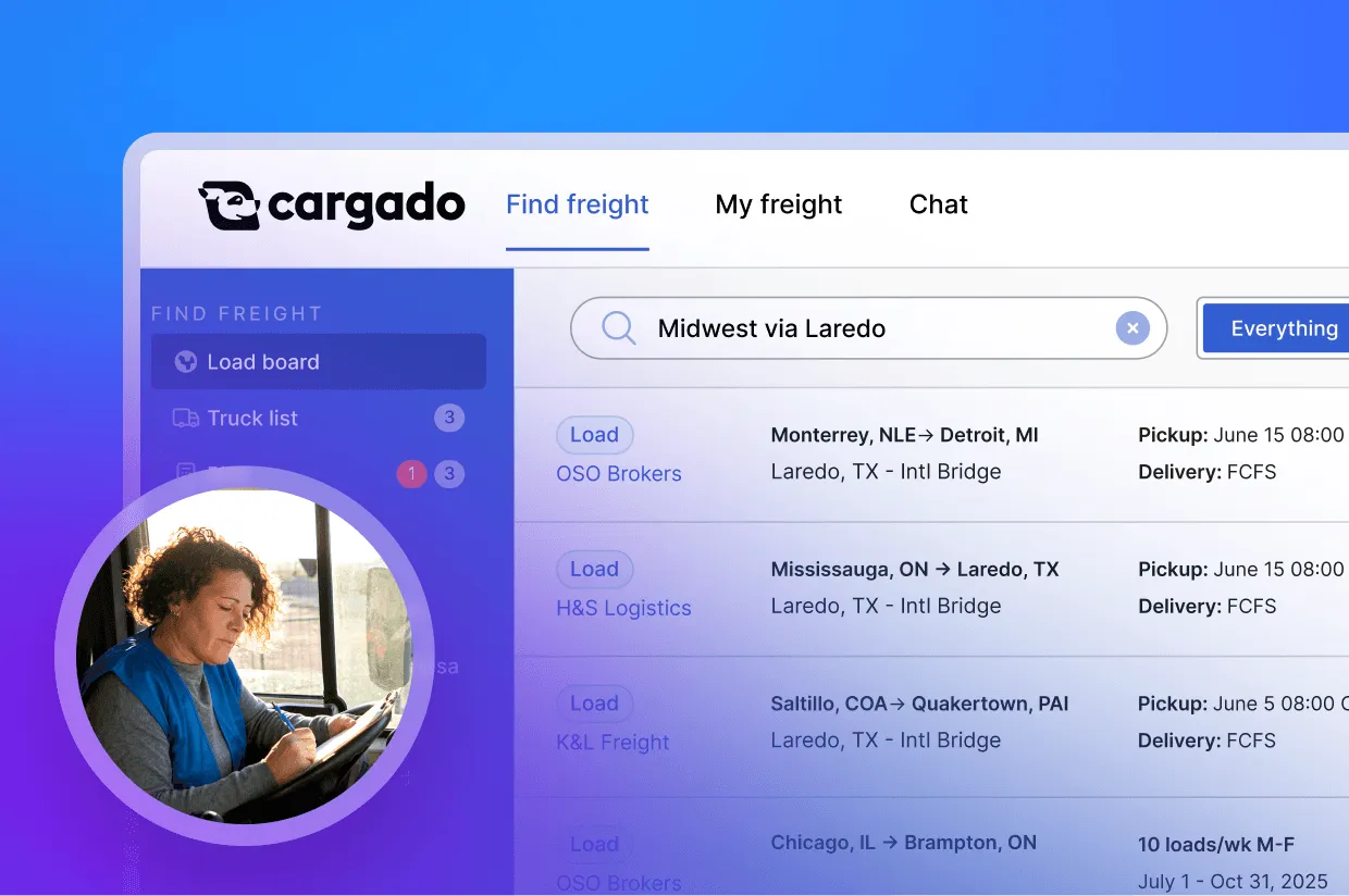 Woman in a truck cabin writing on clipboard inside a freight logistics app interface.