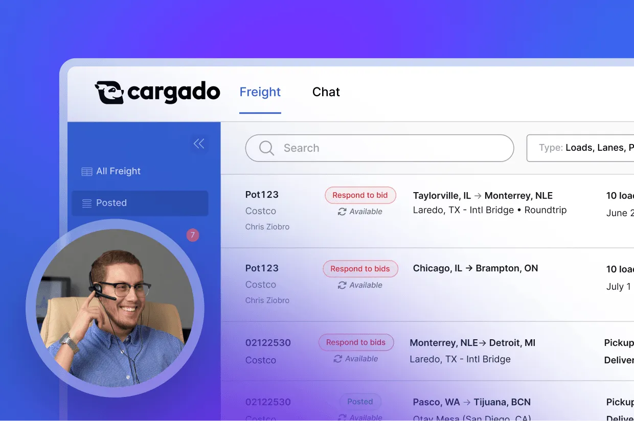 Cargado freight platform interface showing load bids and a smiling man with headset on phone.