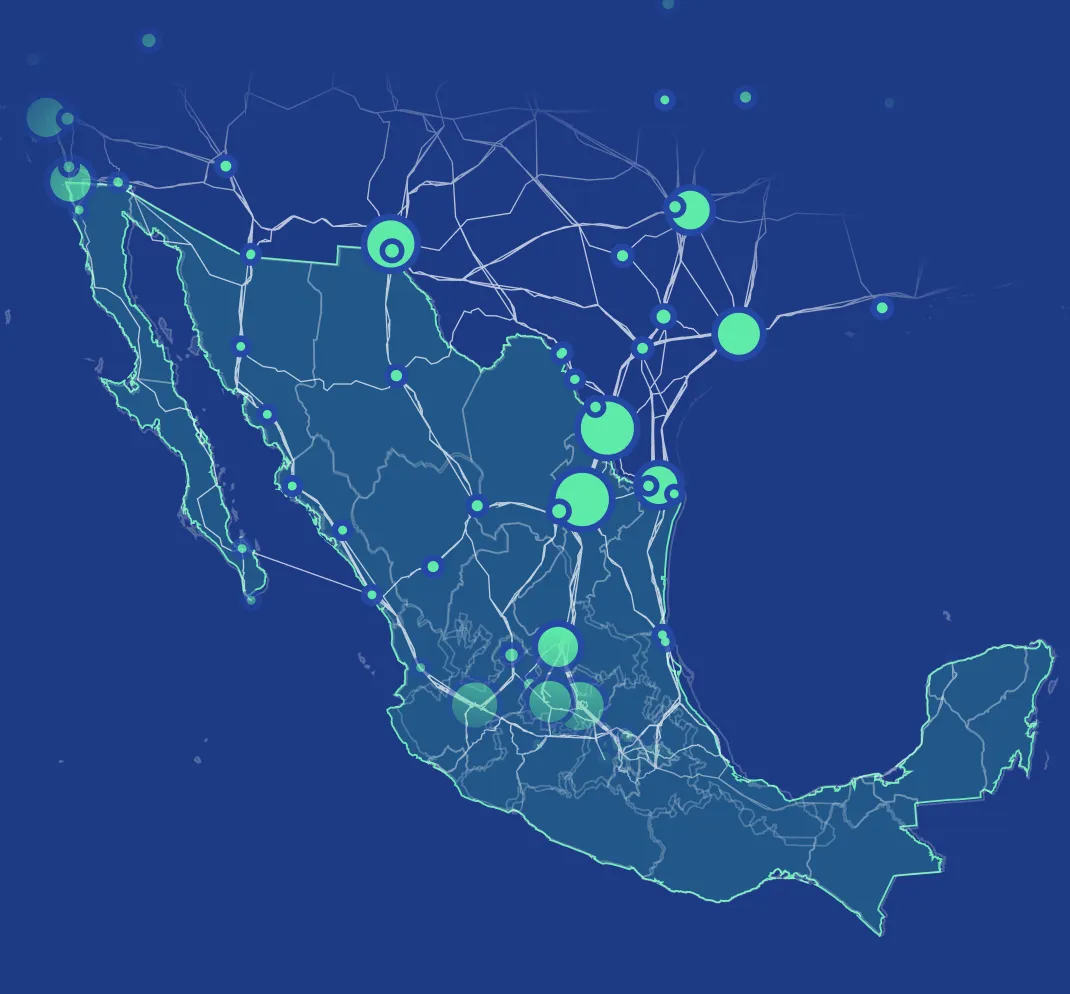 Map of Mexico with highlighted cities and network lines connecting them.