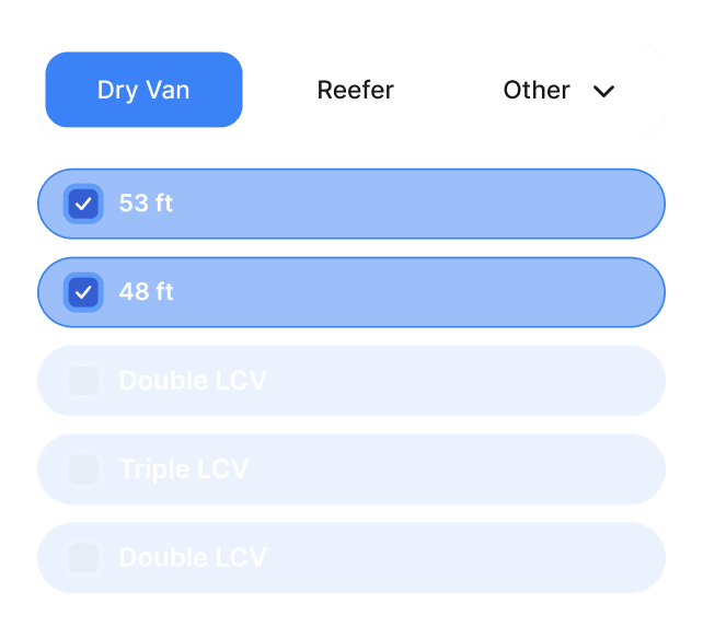 User interface with Dry Van selected, checkboxes for 53 ft and 48 ft checked, others unchecked.