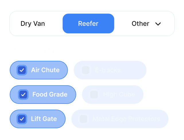 UI showing reefer truck requirements with Air Chute, Food Grade, and Lift Gate selected.