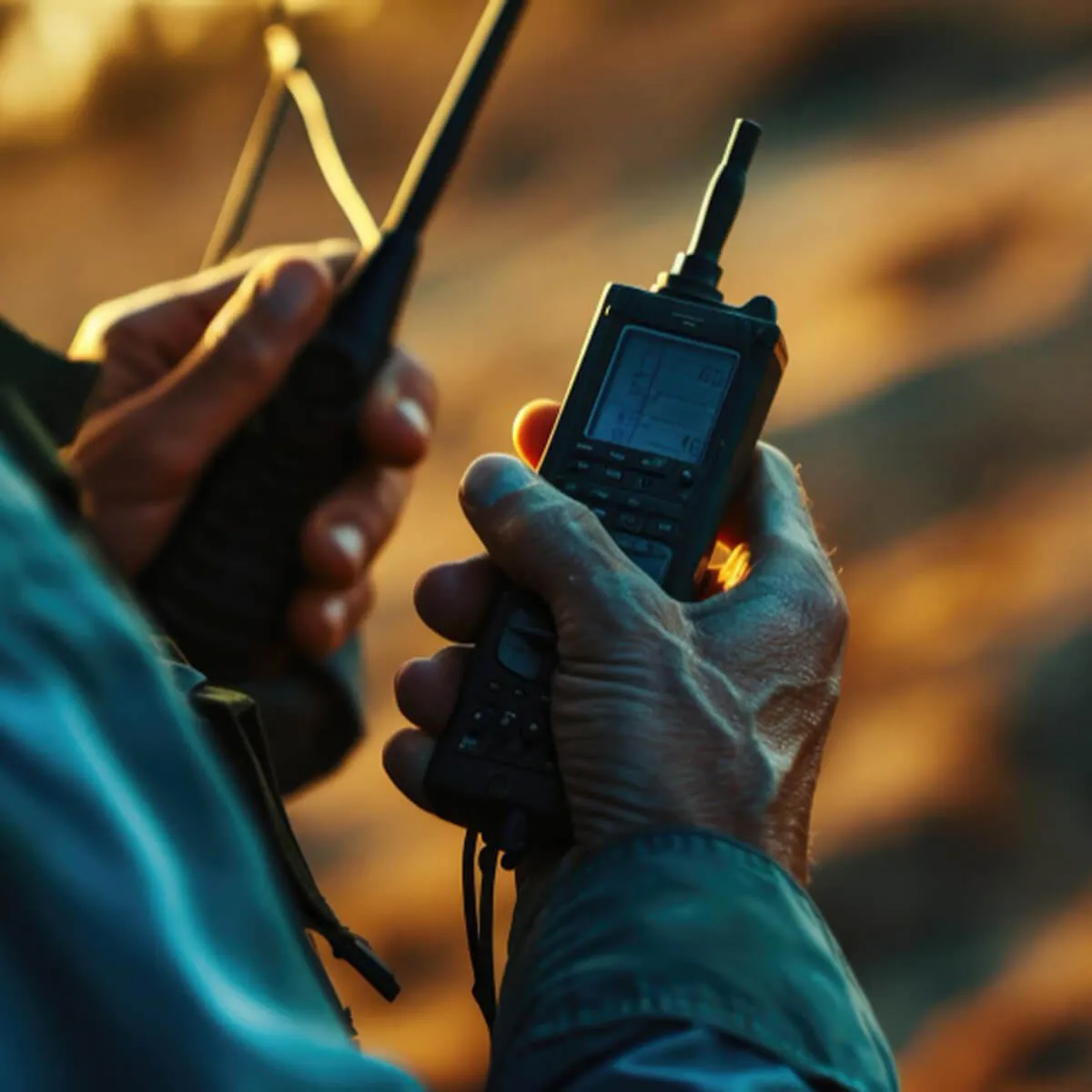 Close-up of two hands holding handheld radios with antennas, in warm outdoor light.