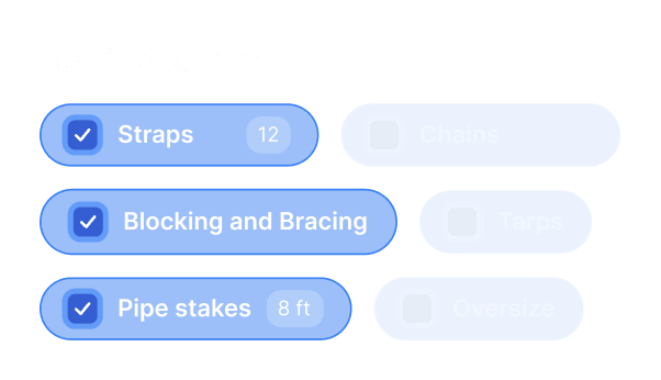 Checklist of required equipment with checked straps, blocking and bracing, pipe stakes; unchecked chains, tarps, oversize.
