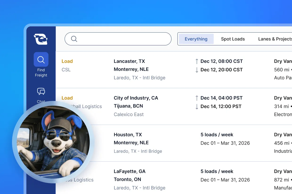 Transportation app screen showing freight loads and a smiling dog character wearing sunglasses and headphones.