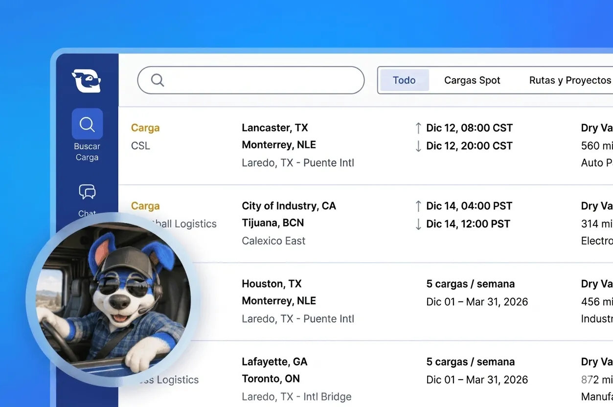 App interface showing shipment loads and routes with a cartoon dog driver wearing sunglasses and a headset.