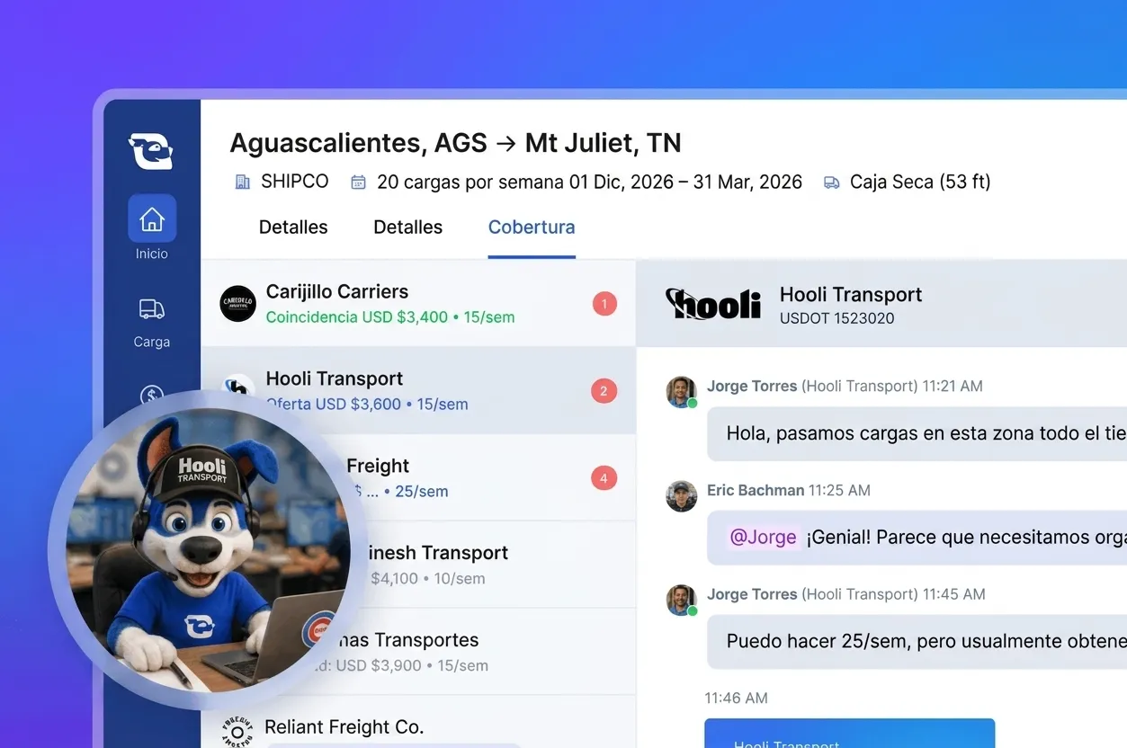 Logistics app screen showing shipping details and chat between transport companies with a dog mascot.