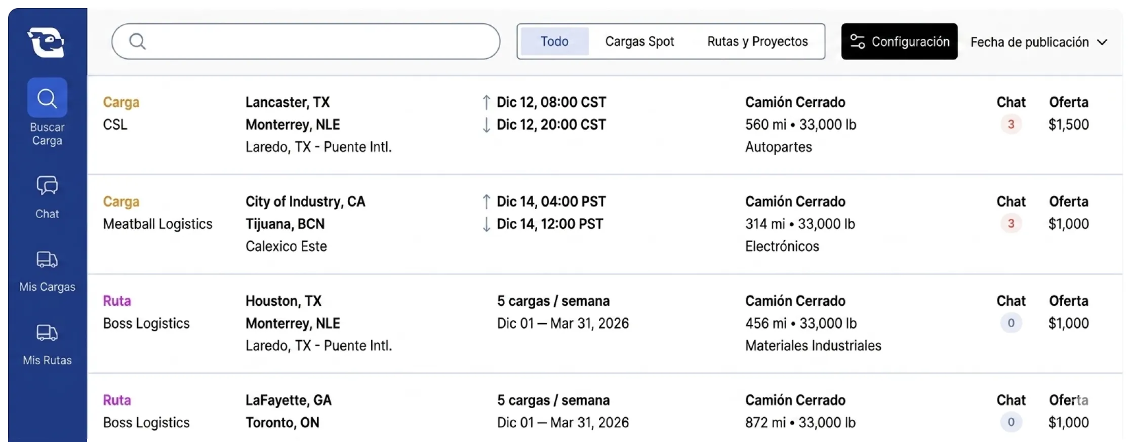 Cargado app interface showing freight loads and lanes with locations, dates, distances, weights, and bids.