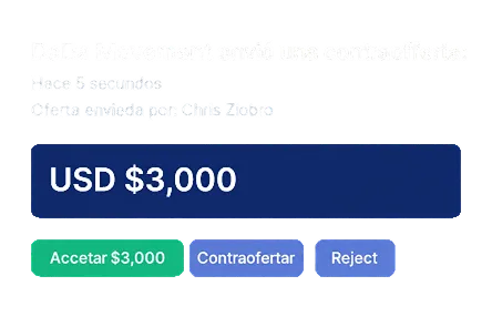 Notificación que muestra que DaDa Movement envió una contraoferta de $3,000 de Chris con botones para aceptar, contraofertar y rechazar.