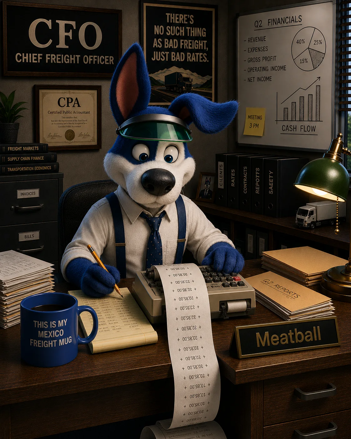 Meatball, Cargado's Chief Freight Officer, at his desk presenting pricing