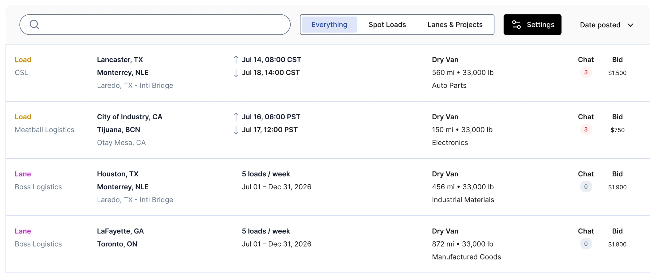 Cargado app interface showing freight loads and lanes with locations, dates, distances, weights, and bids.