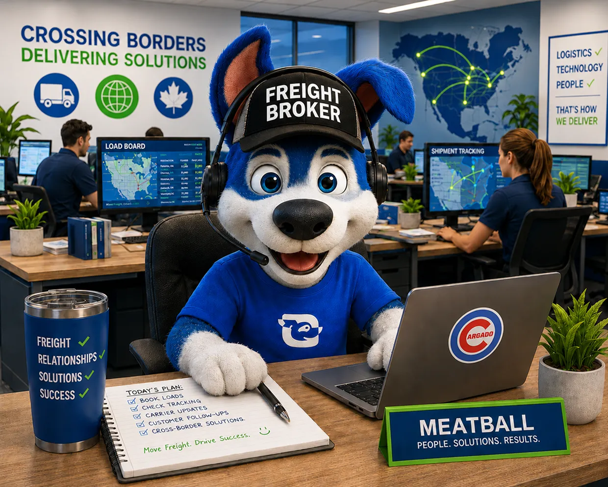Cartoon dog mascot in blue shirt and headset at freight broker office desk with laptop and notes.