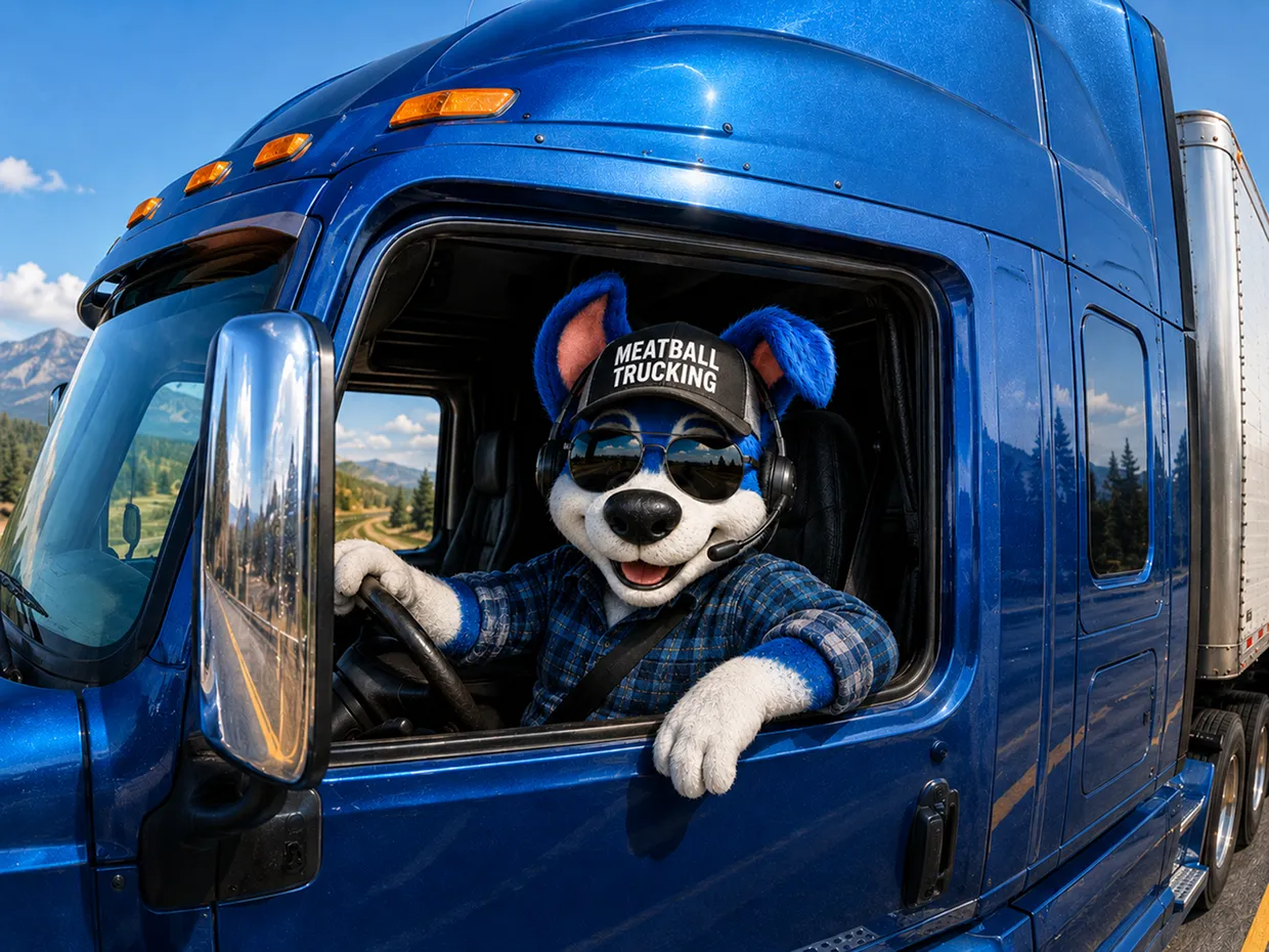 Anthropomorphic dog in plaid shirt and Meatball Trucking cap driving blue semi-truck on a road.