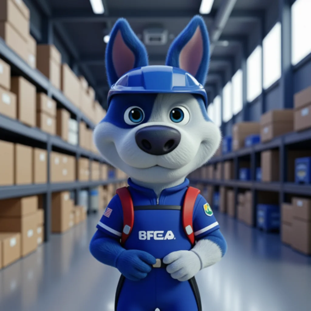 Cargado mascot Meatball in a mechanic jumpsuit with automotive parts in a warehouse