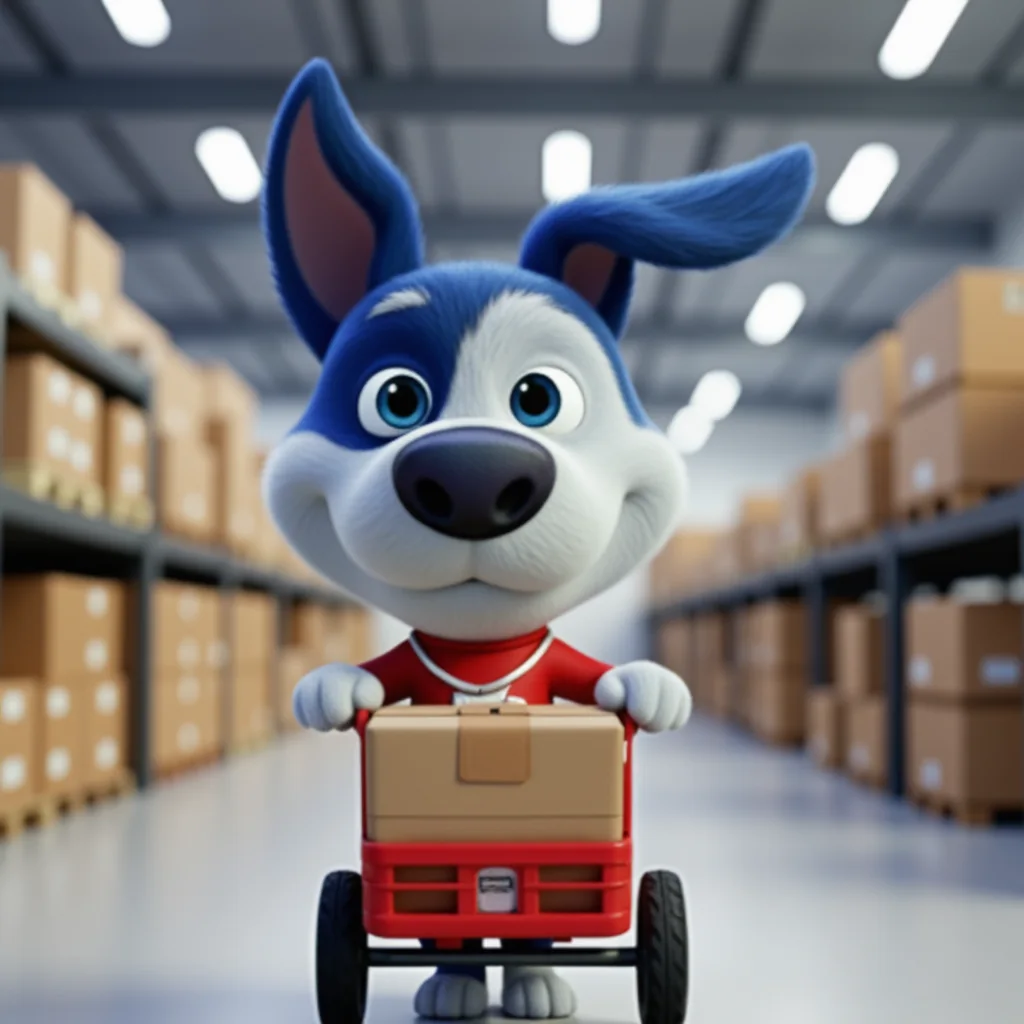 Cargado mascot Meatball pushing a hand truck of parcels in a distribution center