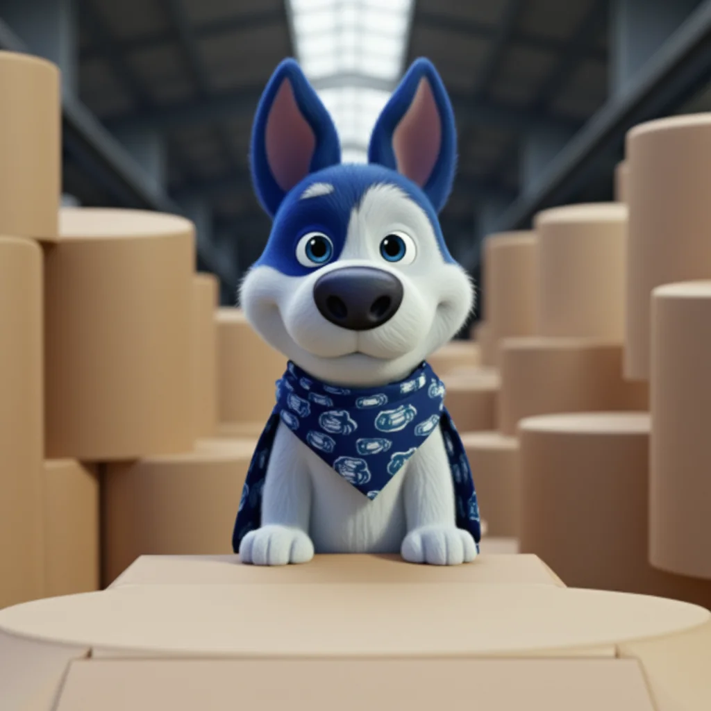 Cargado mascot Meatball on giant rolls of kraft paper in a packaging plant