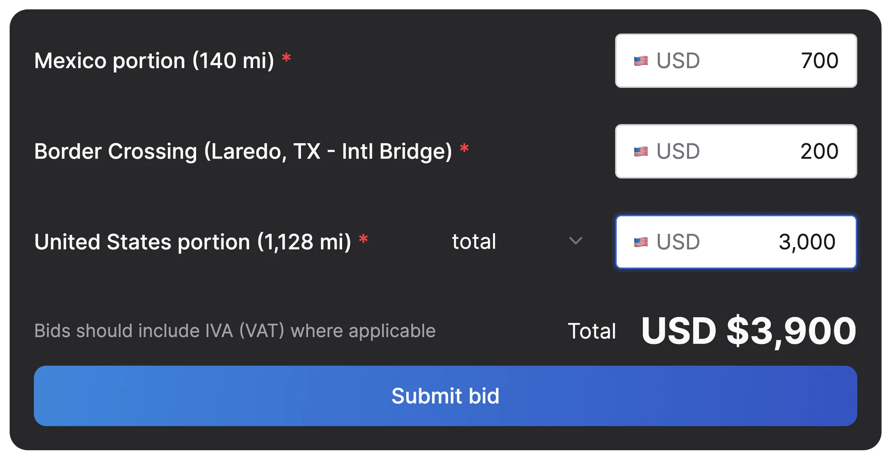 Cargado bid form with separate prices for the Mexico portion, the Laredo border crossing and the United States portion, totaling USD 3,900