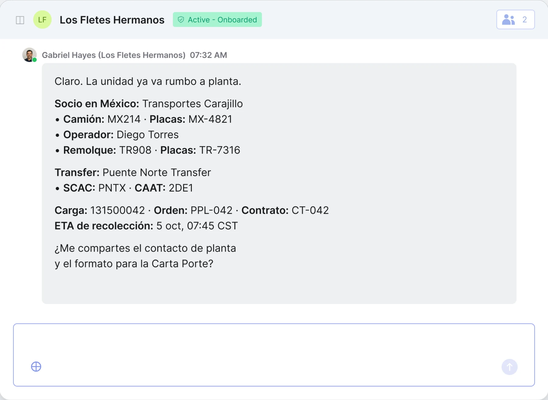 Carrier reply in Spanish with the Mexican partner carrier, truck, trailer, driver and crossing partner