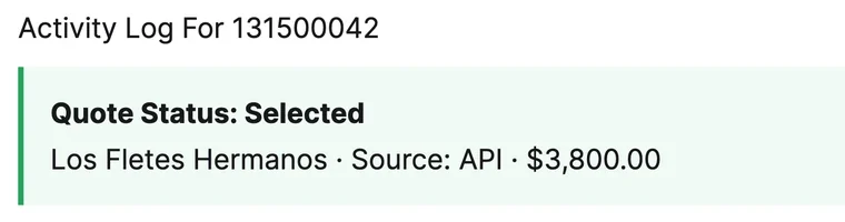 Tai activity log: quote status selected, Los Fletes Hermanos, source API, USD 3,800