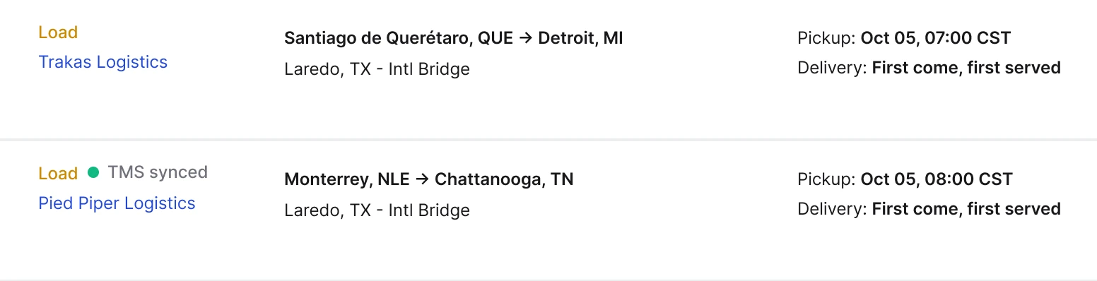 Two loads on the Cargado marketplace as carriers see them: a Trakas Logistics load from Santiago de Querétaro to Detroit, and a Pied Piper Logistics load from Monterrey, NLE to Chattanooga, TN tagged TMS synced, both via Laredo with pickup Oct 05
