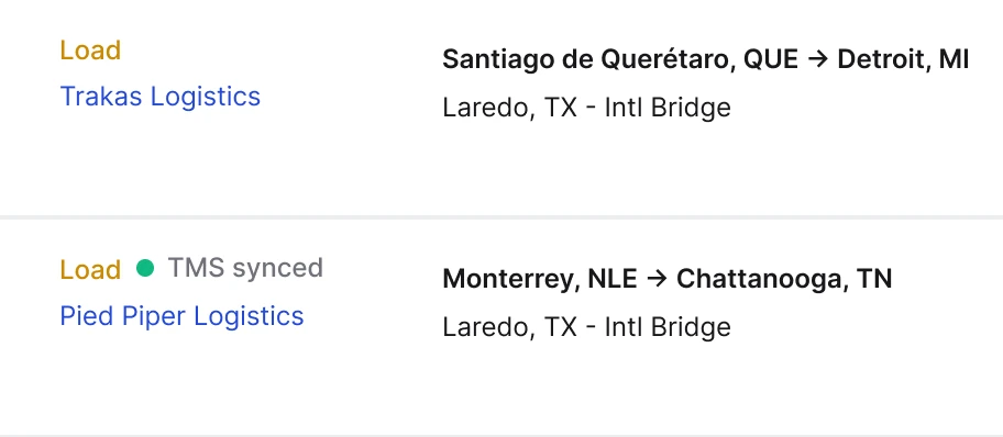 Two loads on the Cargado marketplace: a Trakas Logistics load to Detroit, and a Pied Piper Logistics load from Monterrey, NLE to Chattanooga, TN tagged TMS synced