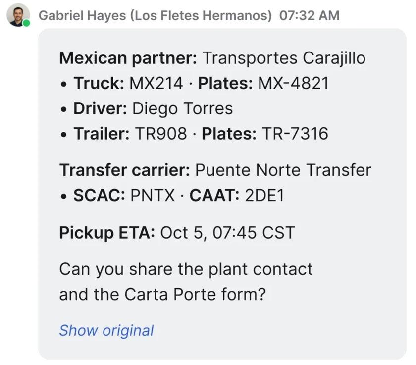 Carrier reply translated into English: Mexican partner Transportes Carajillo, truck MX214, driver Diego Torres, trailer TR908; transfer carrier Puente Norte Transfer; pickup ETA Oct 5 at 07:45 CST