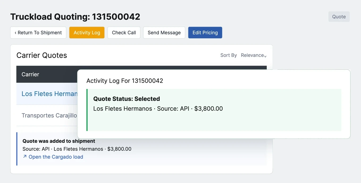 Tai Carrier Quotes on truckload 131500042 with the activity log open: quote status selected, Los Fletes Hermanos, source API, USD 3,800