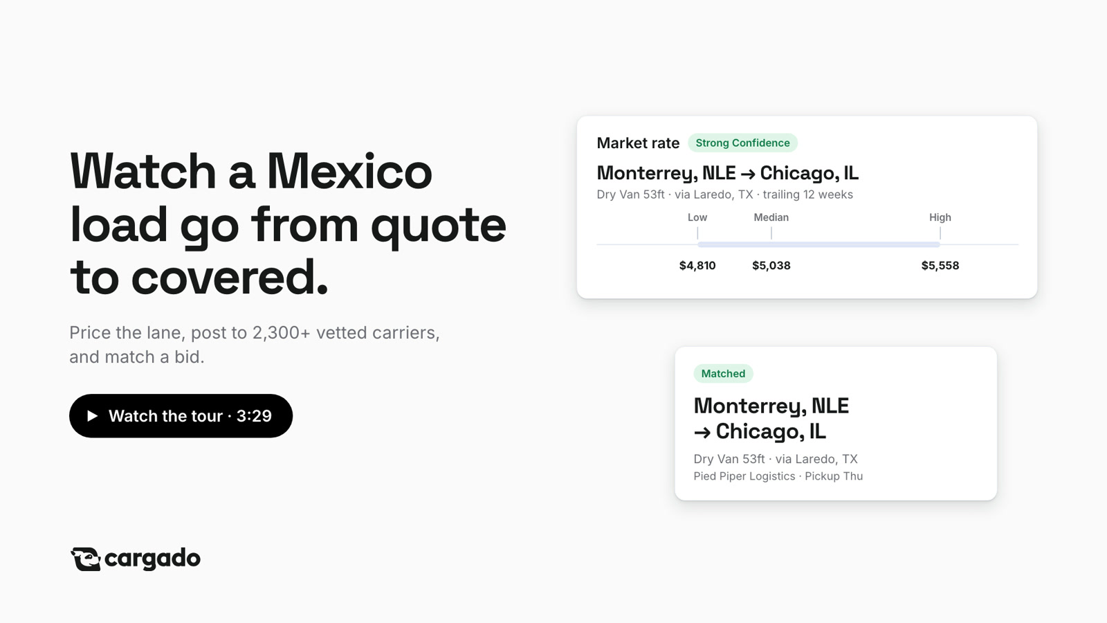 The Cargado broker demo: one Monterrey to Chicago load from quote to covered