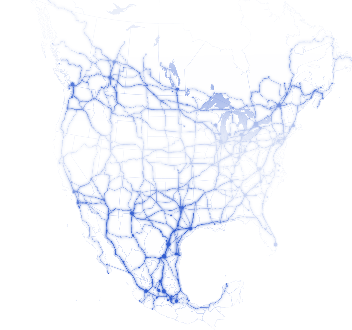 Freight corridor map of North America. The lanes Cargado prices are drawn brightest: routes throughout Mexico, the crossings into and out of the United States, and the corridors along the Canadian border. Interior United States routes are dimmed because Cargado does not price them.