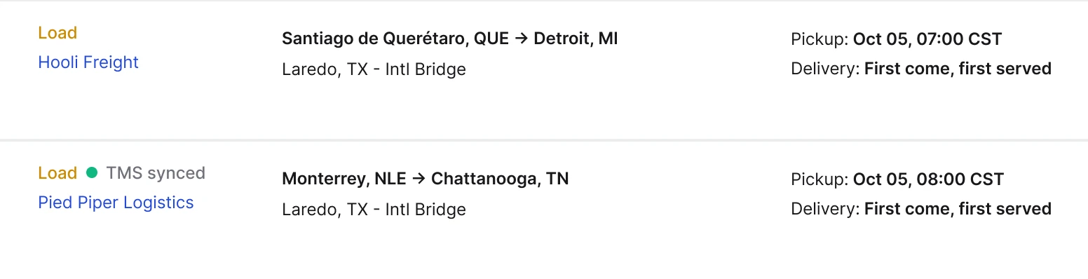 Two loads on the Cargado marketplace as carriers see them: a Hooli Freight load from Santiago de Querétaro to Detroit, and a Pied Piper Logistics load from Monterrey, NLE to Chattanooga, TN tagged TMS synced, both via Laredo with pickup Oct 05