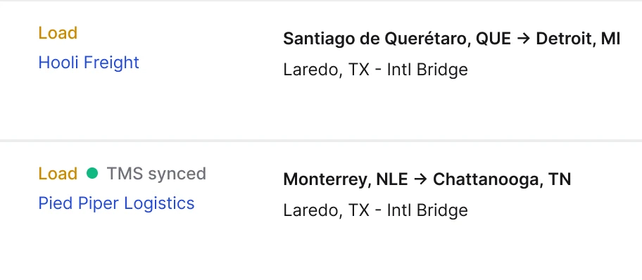 Two loads on the Cargado marketplace: a Hooli Freight load to Detroit, and a Pied Piper Logistics load from Monterrey, NLE to Chattanooga, TN tagged TMS synced